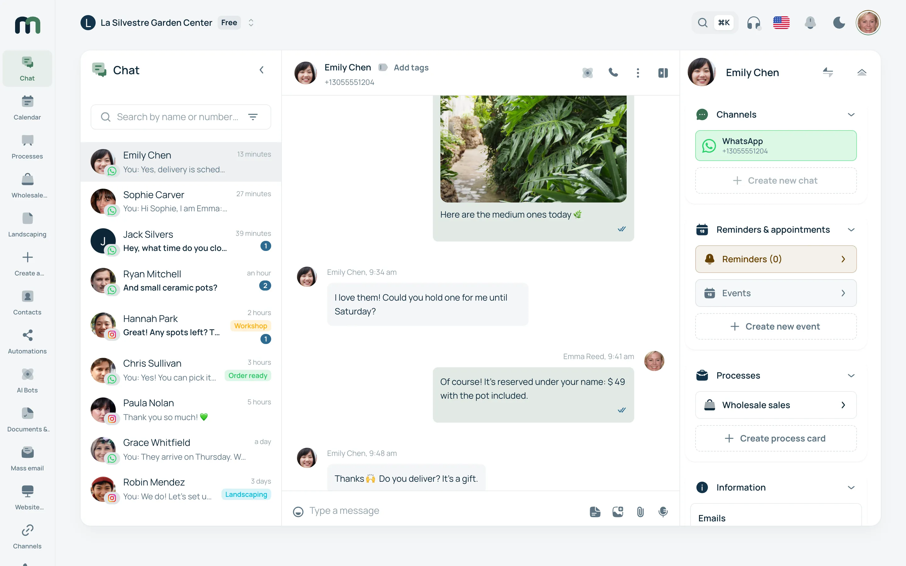 The meruma inbox: WhatsApp, Instagram and email conversations in one view, with the contact record beside them.